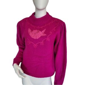 Vintag Be Back fuchsia ruched shoulder knit with ribbon+rose front details Sz M